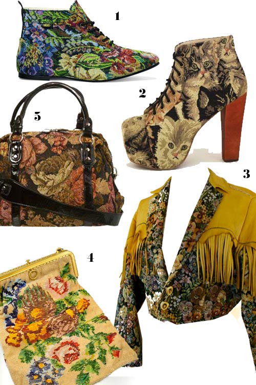 tapestry jacket, tapestry shoes, tapestry bag